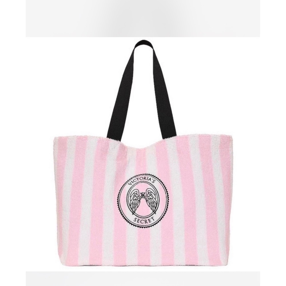 Victoria's Secret Tote Bag Terry Cloth Striped Angel Wings Travel overnight Pink